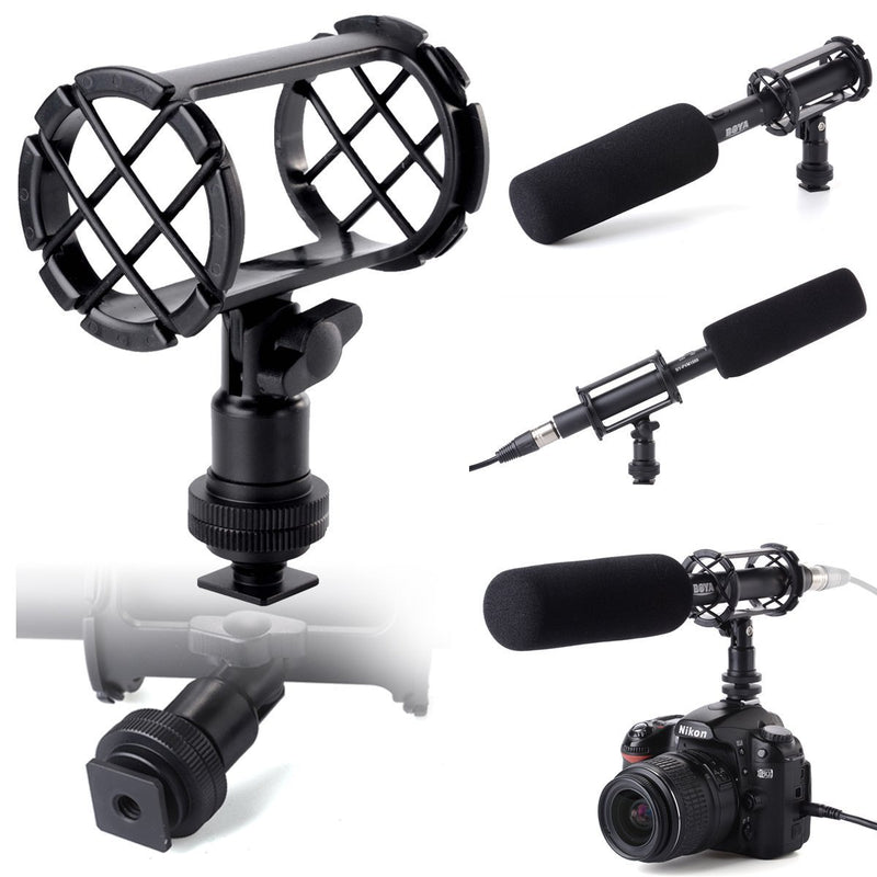 Shock Mount for Shotgun Mic Interview Recording, BOYA BY-C04 Camera Microphone Shockmount & Hot Shoe Mount for Professional Shotgun Microphone Senheisser ME66 Rode NTG-2 NTG-1 Audio-Technica AT-875R