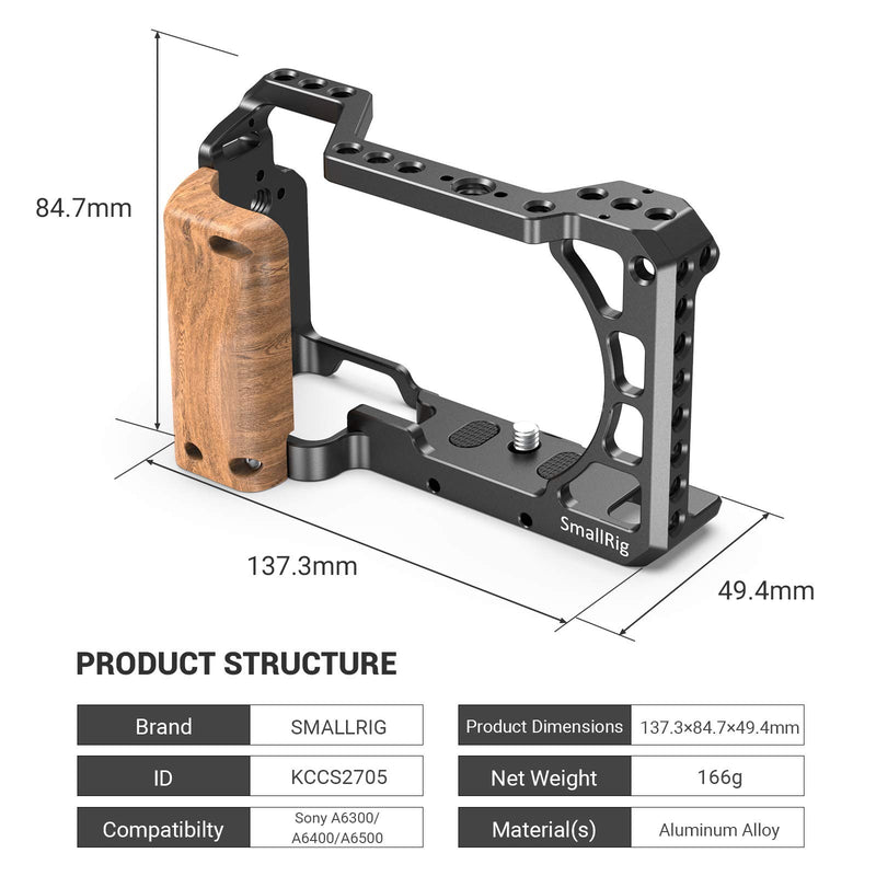 SmallRig Cage Kit with Wooden Handle Hand Grip, for Sony A6100 A6300 A6400 Camera - KCCS2705 cage w/ wooden handle