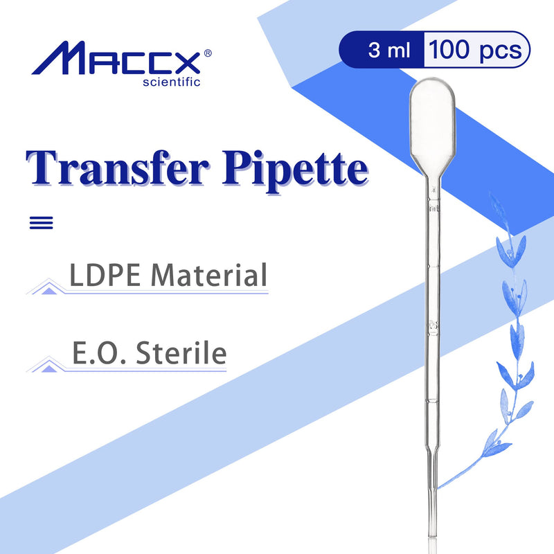 Maccx 100pcs Sterile Transfer Pipettes, Vol. 3ml, 1ml Graduated, 140mm Long, Essential Oils Pipettes, Low-Density Polyethylene Material, Individual Peel-Pack, TPP3140-100 Vol.3ml