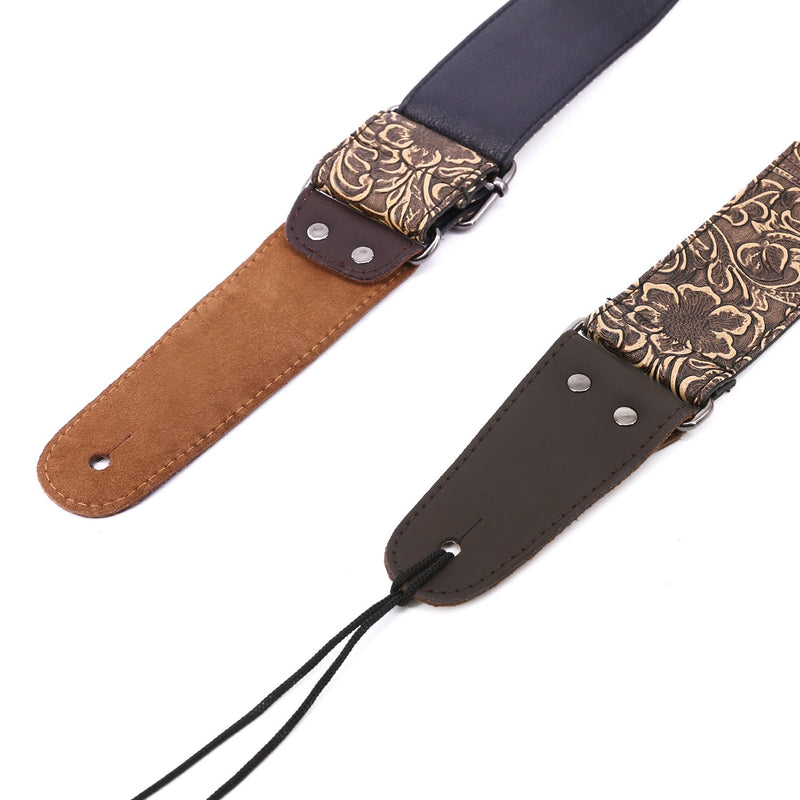 Guitar Strap, Stamped Leather Guitar Strap PU Leather Western Vintage 60's Retro Guitar Strap with Genuine Leather Ends for Electric Bass Guitar, with Tie,Include 2 Picks,Bronze Bronze