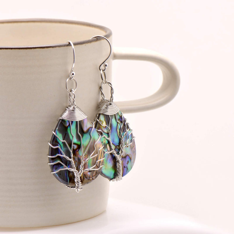 Tree of Life Hand Wrapped Sea Abalone Shell Earrings for Women, Sterling Silver French Wire Sterling Silver-White