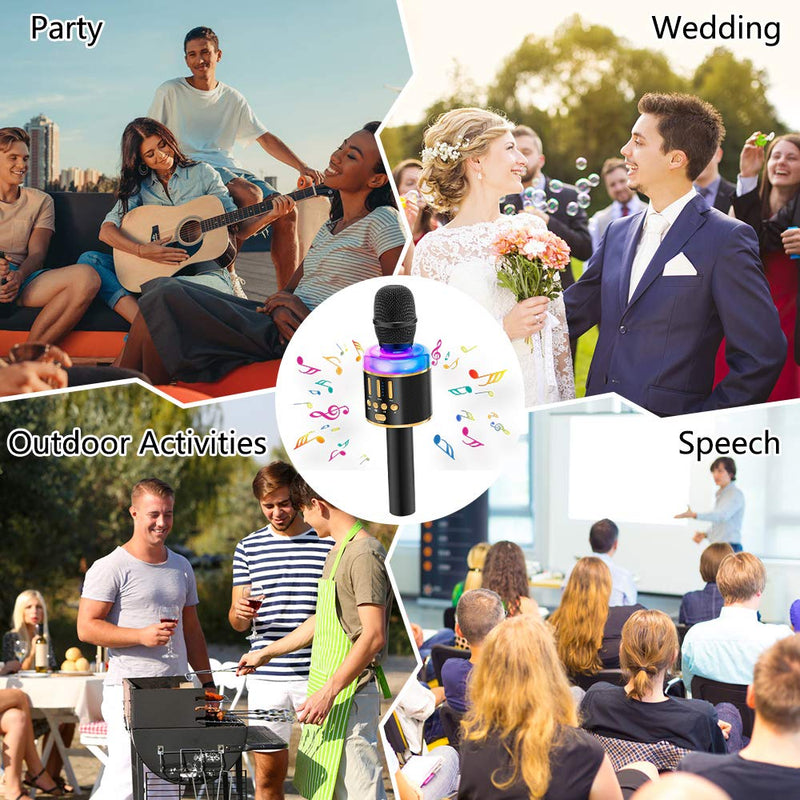 [AUSTRALIA] - Verkstar Karaoke Microphone for Kids & Adult Wireless Bluetooth Handheld Mic with LED Lights Magic Singing and Recording Speaker Machine for Party/Wedding/Christmas… black gold 