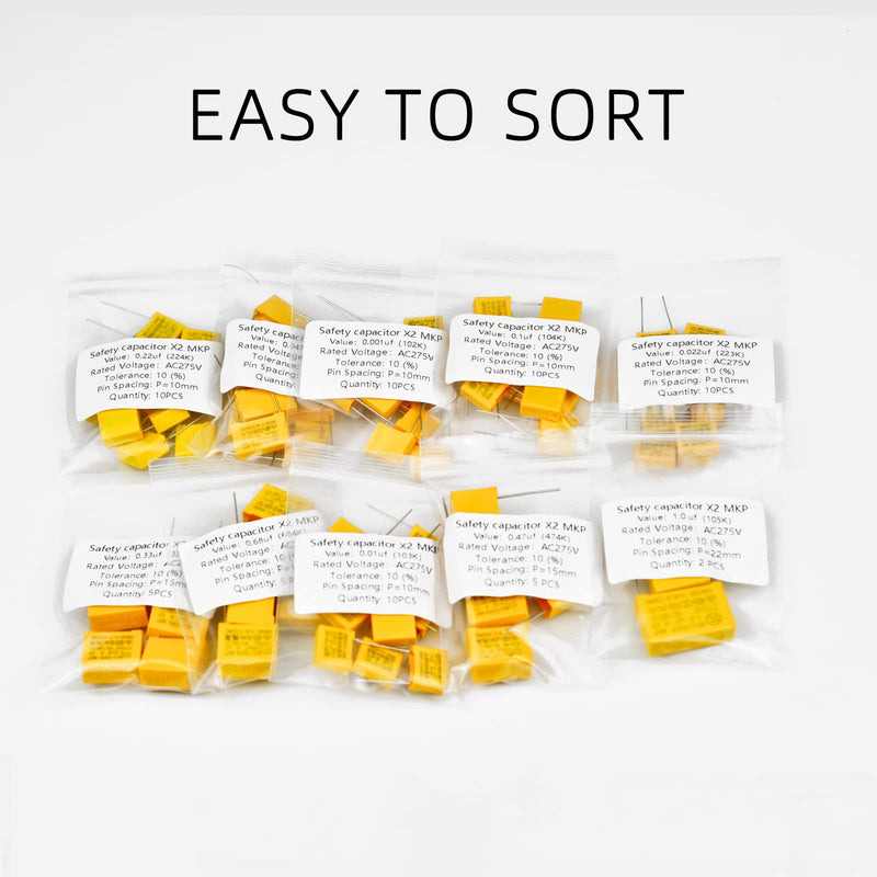 KOKISO 10 Values 77 PCS Polypropylene Safety Capacitors DIP 275VAC X2 MKP Assorted Kit Assortment(0.001uF,0.01uF,0.022uF,0.047uF,0.1uF,0.22uF,0.33uF,0.47uF,0.68uF,1uF)