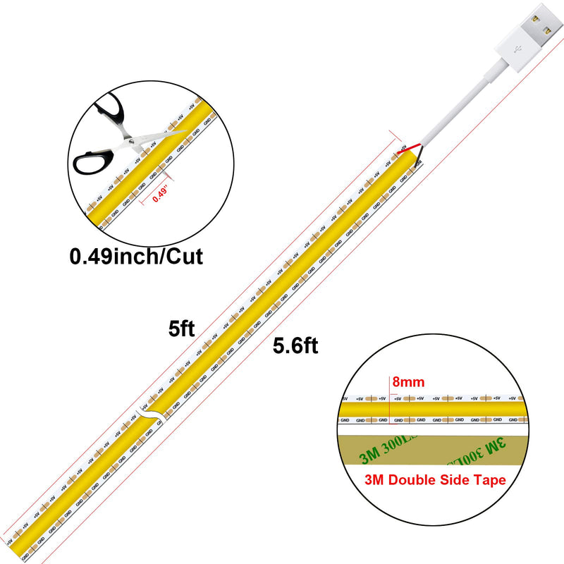 [AUSTRALIA] - LED Strip Lights USB Powered, 1.5m/4.9ft COB LED Strip Light 1200lm, 4000K, Daylight, 80+ Hight CRI LED Tape Lights, 480 LEDs Rope Lights for TV Backlight, Bedroom, Cabinet, Kitchen, DIY Lighting Natural White 