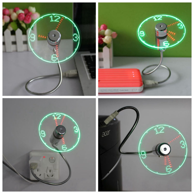 B2ocled USB LED Clock Fan, 90mm USB-Powered Portable Fan with Clock, LED Light Display Time, Mini Gooseneck Fan for laptop and PC-Green Light (Clock fan)