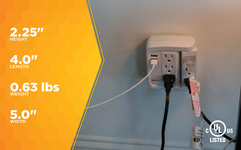Woods 41424 6 Space Saver Swivel Wall Tap, 3 Rotating Outlets and 2 USB Ports, 500J and 2.4A, White 6 Outlets with 2 USB Ports