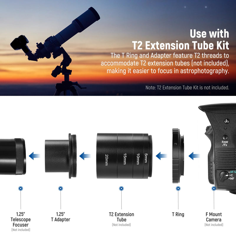 NEEWER T Ring with M42 Threads & 1.25" Telescope Adapter Compatible with Nikon F Mount Cameras & Telescope Eyepieces, Lens Adapter Ring for D850 D750 D500 D780 D7500 D5600 D3500 D5, LA-04