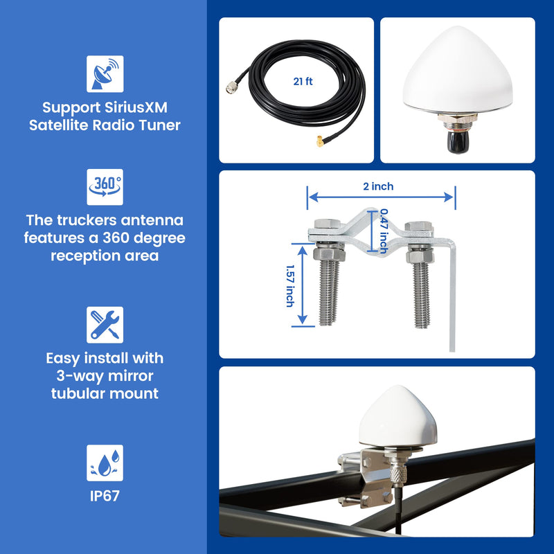 Anina XM Sirius Satellite Radio Truckers Mirror Tubular Mount Antenna for Semi Truck Tractor, RV, Trailer High Gain Sirius XM Receiver Tuner Antenna w/Mounting Bracket 21 ft Extension Wire Waterproof