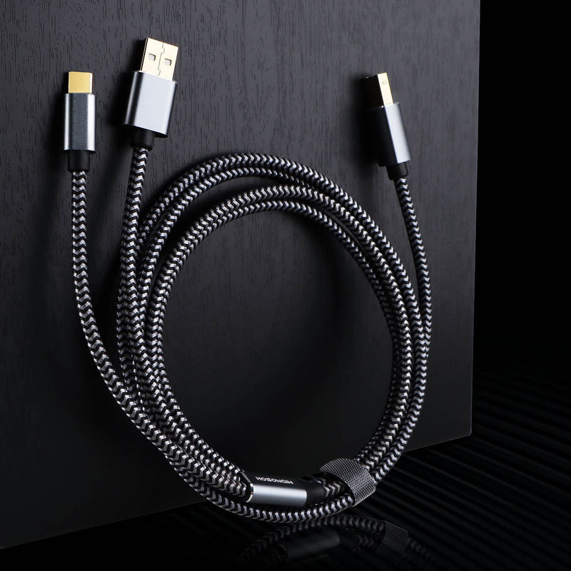 HOSONGIN 10FT 2 in 1 USB C + USB A to USB-B 2.0 MIDI Cable Printer Cable USB Microphone Cable, Nylon Braided, Shielded, Length 10 Feet/3M 2 in 1 [USB-A+USB-C to USB-B]