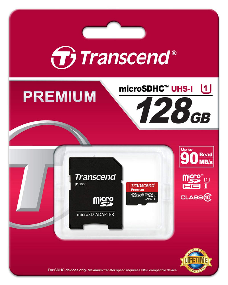 Transcend 128GB MicroSDXC Class10 UHS-1 Memory Card with Adapter 45 MB/s (TS128GUSDU1)