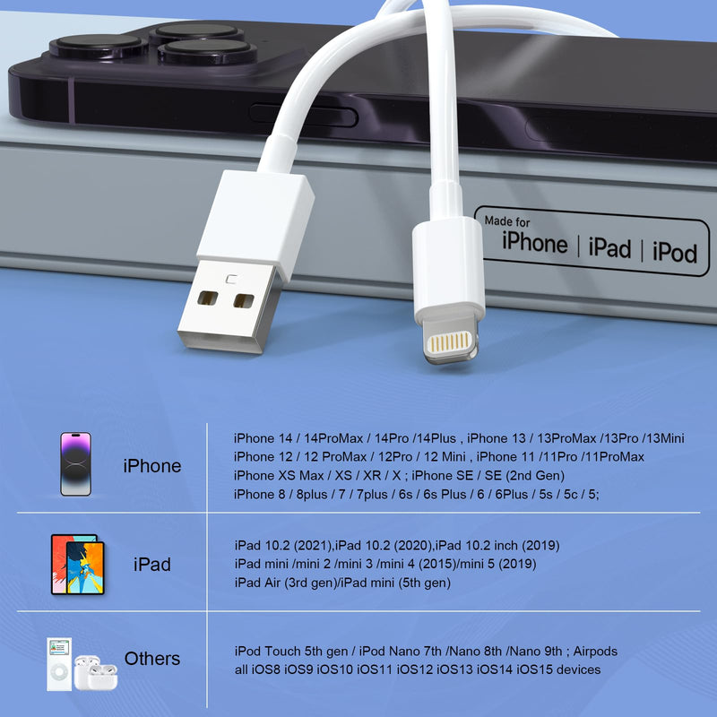 6Pack(3/3/6/6/6/9 FT) Original [Apple MFi Certified] iPhone Charger Fast Charging Lightning Cable iPhone Charger Cord Compatible iPhone 14/13/12/11 Pro Max/XS MAX/XR/XS/X/8/7 Plus iPad AirPods White