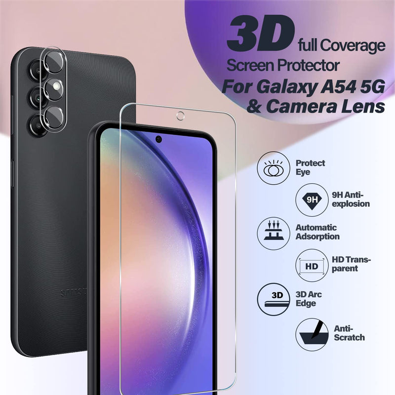 Galaxy A54 Tempered Glass Screen Protector + Camera Lens Protector [ 2 + 2 Pack ][Fingerprint Unlock] [Anti-Scratch] [Case Friendly] Clear HD Protective Film for Samsung Galaxy A54 5G