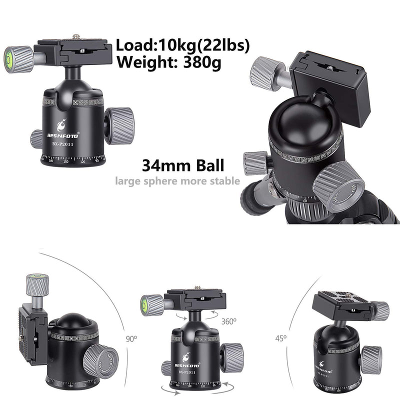 Besnfoto Metal Ball Head Camera Mount 360 Degree Panoramic Tripod Head Tuning Damping Professional with 1/4 Quick Release Plate Bubble Level 22lbs/20kg Load for DSLR Camera Camcorder 34mm Ball L(34mm ball)
