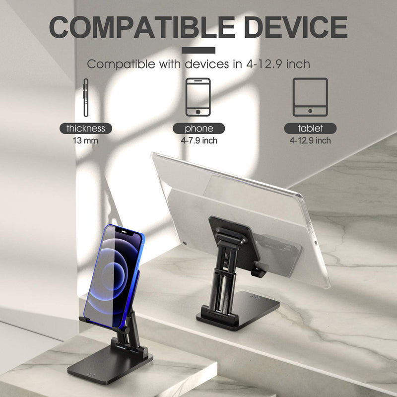 Foldable Cell Phone Stand for Desk, Angle & Height Adjustable Desk Phone Stand Holder with Stable Anti-Slip Design, Compatibel with iPhone 12/12 Pro/11/Smartphones/iPad Mini/Kindle/Tablet - Black