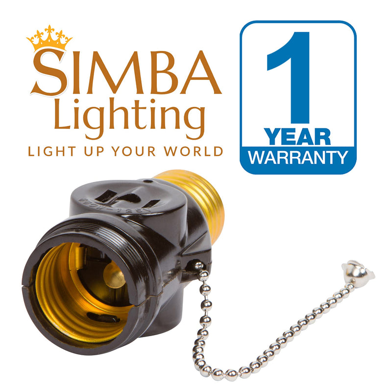 Simba Lighting E26 Light Bulb Socket Adapter Black (3 Pack) with 2 AC Outlet Plugs and Pull Chain Switch to Control Light Bulb for Indoor and Outdoor Use in Attic, Basement, Garage, Medium Screw Base With Pull Chain 3.0