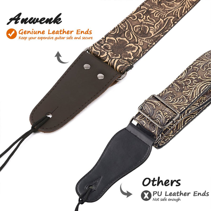 Guitar Strap, Stamped Leather Guitar Strap PU Leather Western Vintage 60's Retro Guitar Strap with Genuine Leather Ends for Electric Bass Guitar, with Tie,Include 2 Picks,Bronze Bronze
