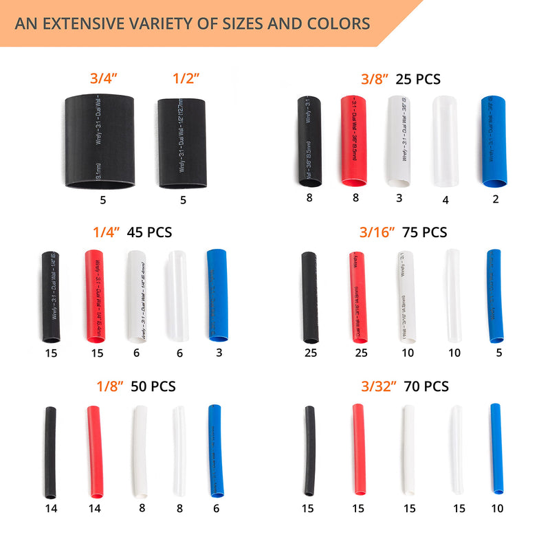 Wirefy Heat Shrink Tubing Kit - 3:1 Ratio Adhesive Lined, Marine Grade Shrink Wrap - Automotive Industrial Heat-Shrink Tubing - Black, Red, White, Clear, Blue - 275 PCS