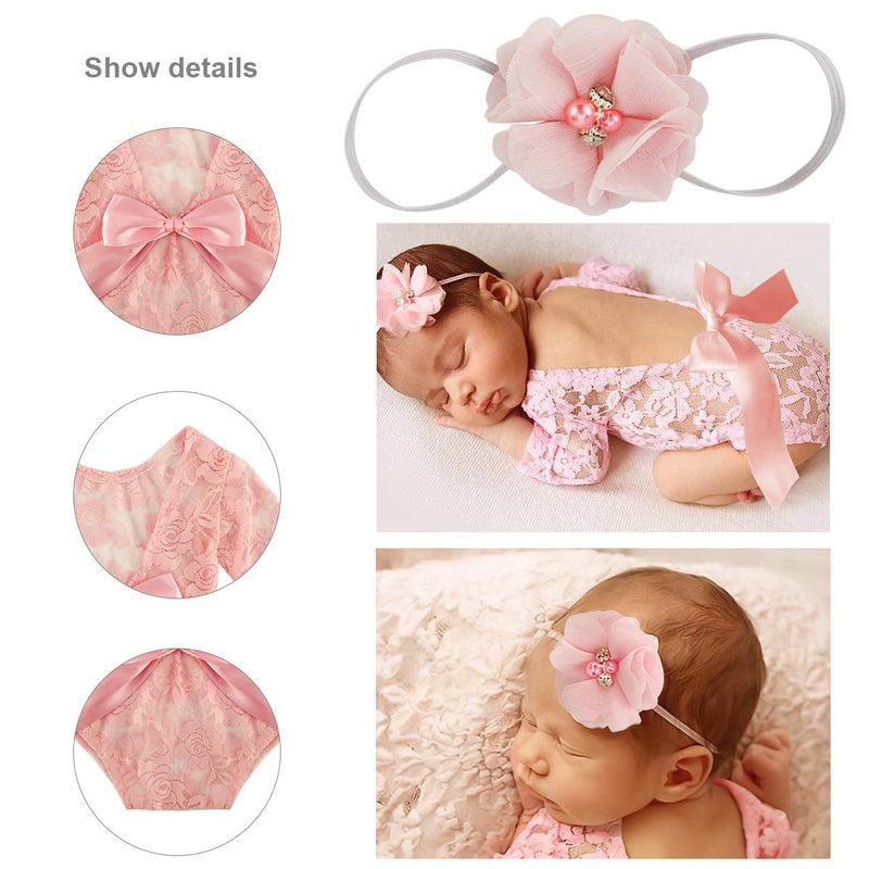 Eurobuy Newborn Photography Props, 2Pcs/Set Baby Girl Cute Vest Lace Photography Props Romper with Headband and Ribbon Bow Bodysuits Monthly Photo Shoot Outfits Pink