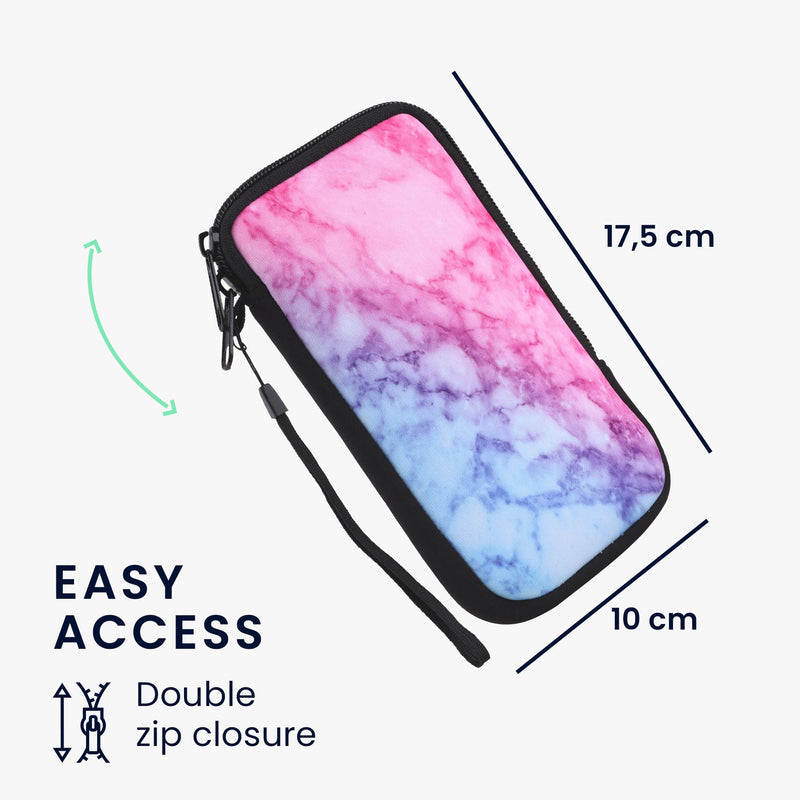 kwmobile Neoprene Sleeve for Smartphone Size XL - 6.7/6.8" - Shock Absorbing Pouch Case - Protective Phone Bag - Marble Light Blue/Violet/Dark Pink Marble 23-38-08