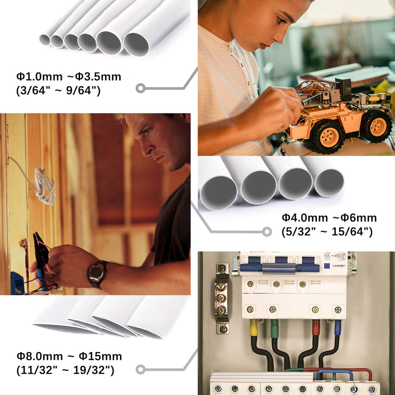 Heat Shrink Tubing Kit,14 Sizes White Heat Shrink Tube, Shrink Ratio 2:1 Electrical Shrink Tubing Wire Wrap Industrial Shrink Tubes Assortment for Wires Repairs, Soldering, Automotive Wiring Multiple Sizes 2 -White