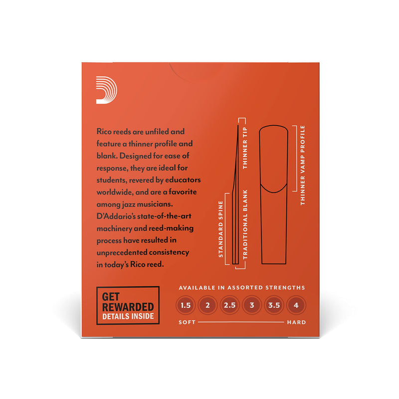 D’Addario Woodwinds Bb Clarinet Reeds - Reeds for Clarinet - Thinner Vamp Cut & Unfiled for Ease of Play, Traditional Blank for Clear Sound - Clarinet Reeds 2.5 Strength, 10-Pack
