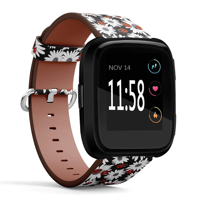 Compatible with Fitbit Versa/Versa 2 / Versa LITE - Leather Watch Wrist Band Strap Bracelet with Quick-Release Pins (Flowers Chamomile Ladybugs)