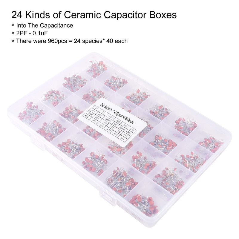 [AUSTRALIA] - 24 Values 960Pcs Ceramic Capacitor Assortment Kit Range 2pF-0.1uF 50V, DIP Monolithic Multilayer Ceramic Chip DIY Electronic Capacitors with Box 