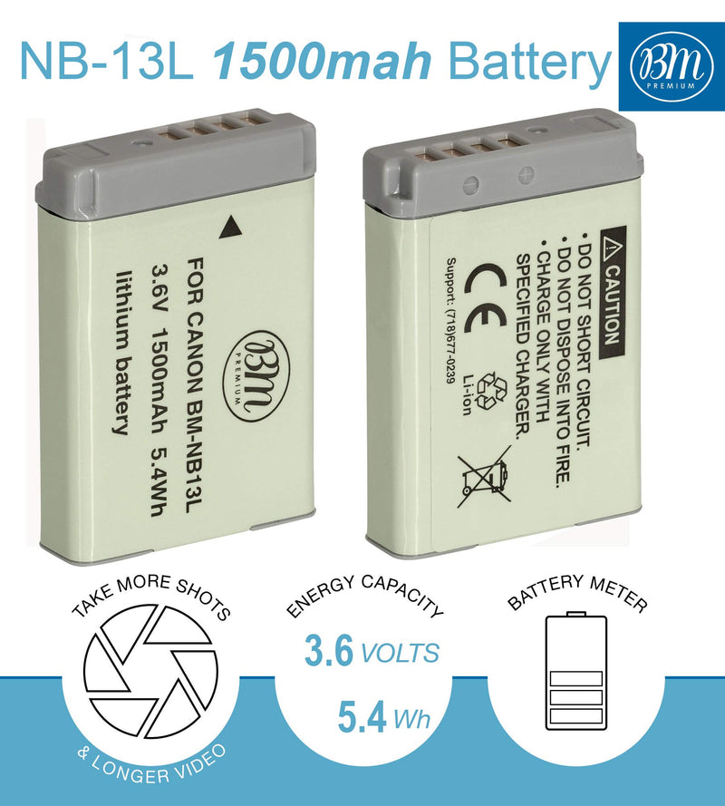 BM Premium 2-Pack of NB-13L Batteries and Charger Kit for Canon PowerShot SX740 HS, G1 X Mark III, G5 X, G5 X Mark II, G7 X, G7 X Mark II, G7 X Mark III, G9 X, G9 X Mark II, SX620 HS, SX720 HS Cameras