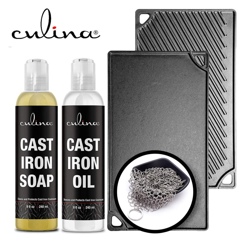 Culina Cast Iron Soap Set & Conditioning Oil & Stainless Scrubber | All Natural Ingredients | Best for Cleaning, Non-stick Cooking & Restoring | for Cast Iron Cookware, Skillets, Pans & Grills!…
