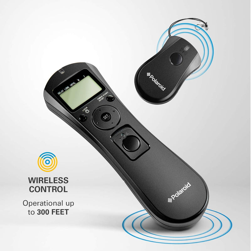 Polaroid Wireless Camera Shutter Remote w/Interval Timer - Includes Receiver, Handheld Transmitter w/Backlit Display & Connector Cable - Transmitter Enables Shooting Mode Switching w/o Need of Adjusting Camera Settings - Battery Operated For Nikon D90,...