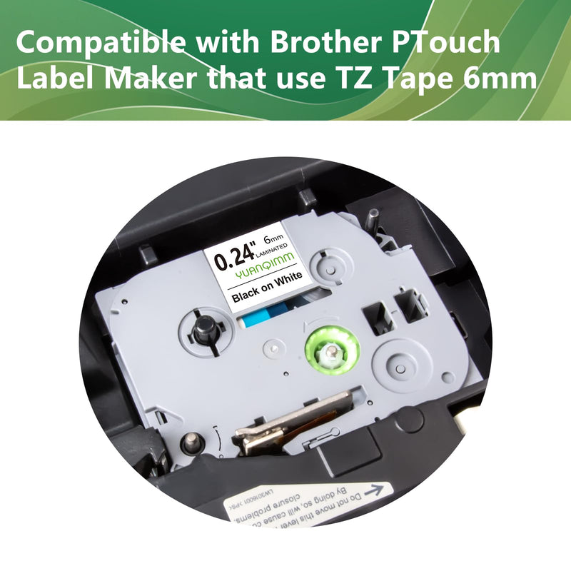 YUANQIMM 6 Pack Compatible for Brother TZe-211 TZe211 TZ211 TZ Tape 6mm 0.24" Laminated White Tape Replacement for Brother PTouch PTD200 PTD210, 1/4 Inch x 26.2 feet Black on White