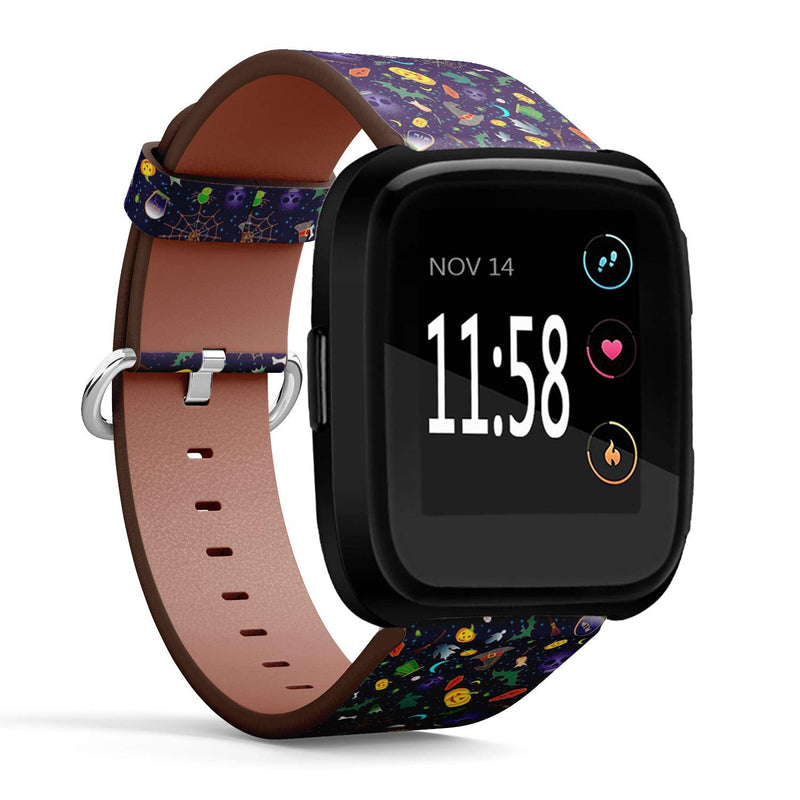 Compatible with Fitbit Versa/Versa 2 / Versa LITE - Quick Release Leather Wristband Bracelet Replacement Accessory Band - Halloween Traditional Symbols Icons