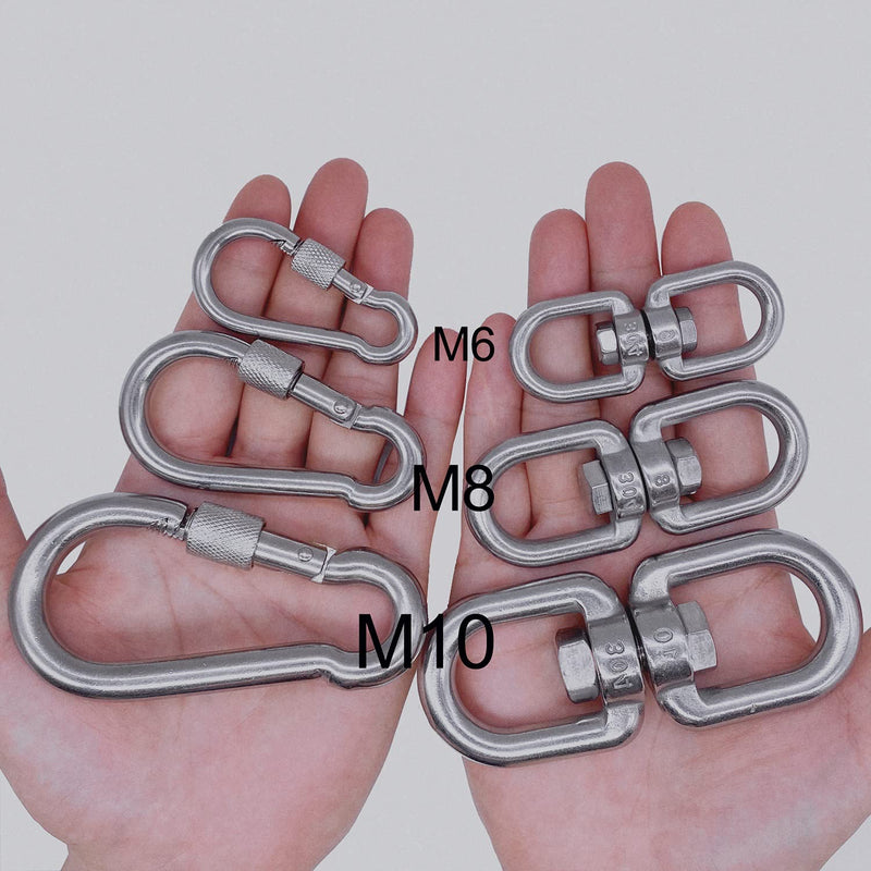 2+1 Heavy Duty 304 Stainless Steel Swivel Ring Double Ended Swivel Eye Hook with SUS304 Snap Hooks for Web Tree Swing, Therapy Swing, Aerial Dance, Swing Spinner Hanger, Reliable and Safe (M8) M8