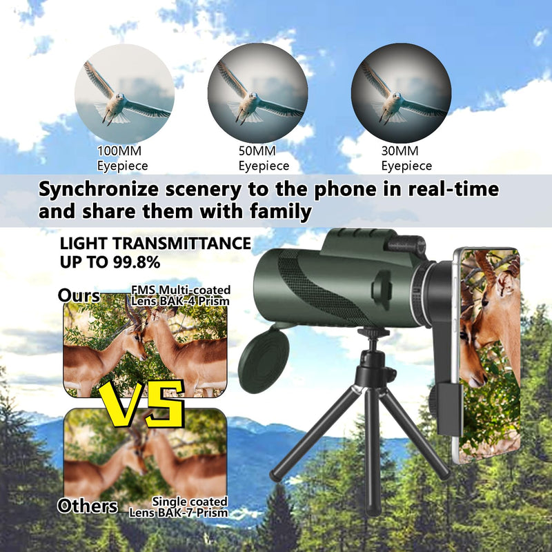 80x100 Monocular Telescope High Powered Monoculars for Adults Compact Monocular for Smartphone Adapter, Handheld Telescope with Tripod for Bird Watching Hunting Camping Travel Green-mm