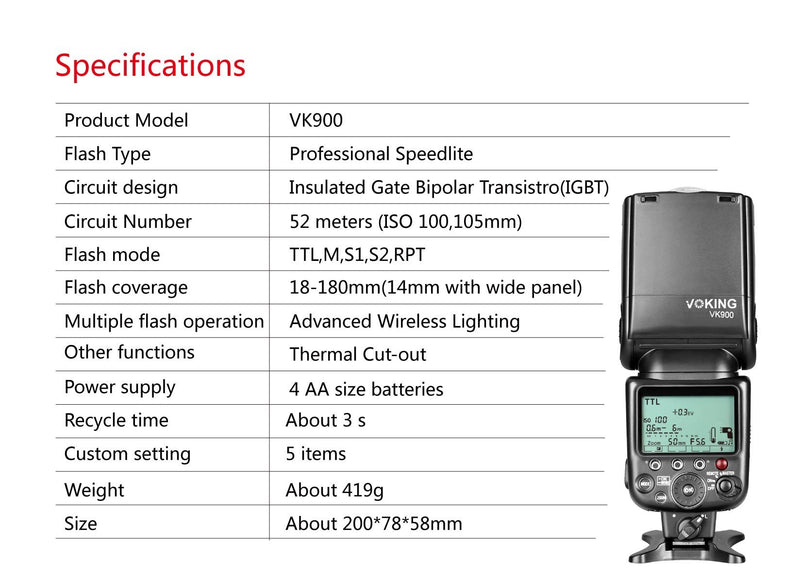 Voking V900 Master TTL Speedlite Flash for D3400 D3300 D3200 D5600 D850 D750 D7200 D5300 D5500 D500 D7100 D3100 D3500 etc