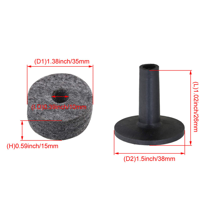 Yibuy Black Drum Set Replacement Parts 15mm Thick Felt Washers + Plastic Long Flanged Cymbal Sleeves Pack of 10