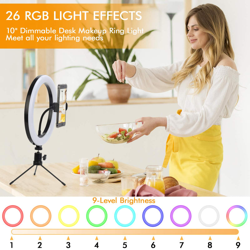 10" RGB Ring Light with Tripod Stand, Dimmable Desk Makeup Selfie Ring Light, LED Light Ring with Cell Phone Holder for Live Stream/YouTube/Video/Makeup, 25 Colors&3 Light Modes&9 Brightness Level 10-RGB ring light