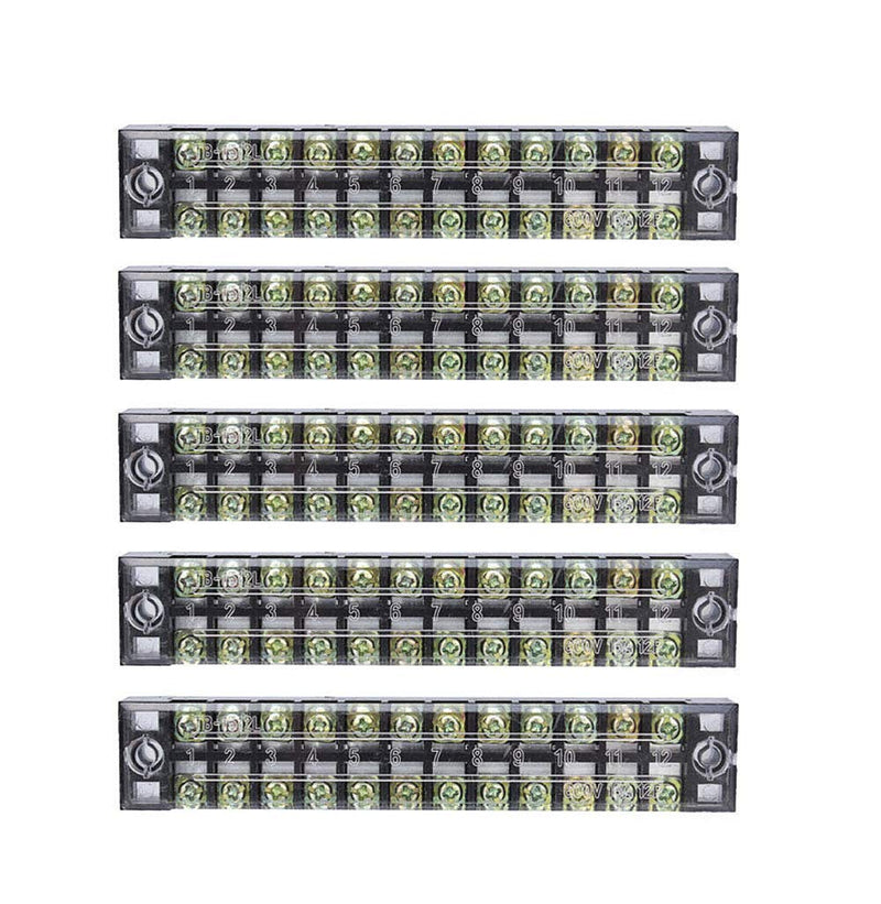 Summer-Home 5Pcs 15A 600V 12 Position Covered Dual Row Screw Terminal Barrier Strip Block Connector Bar