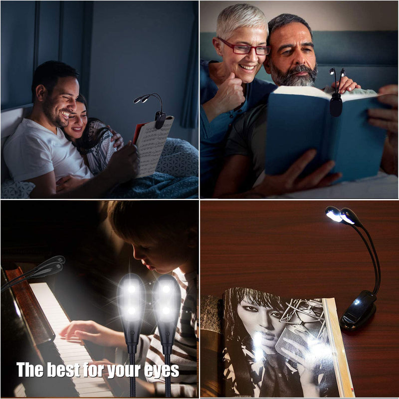 Music Stand Light, Clip on LED Book Lights, USB and AAA Battery Operated, Reading Lamp in Bed, 4 Brightness Levels, ideal for Bookworms, Piano Player, Kids, Travel (Dual Arm)