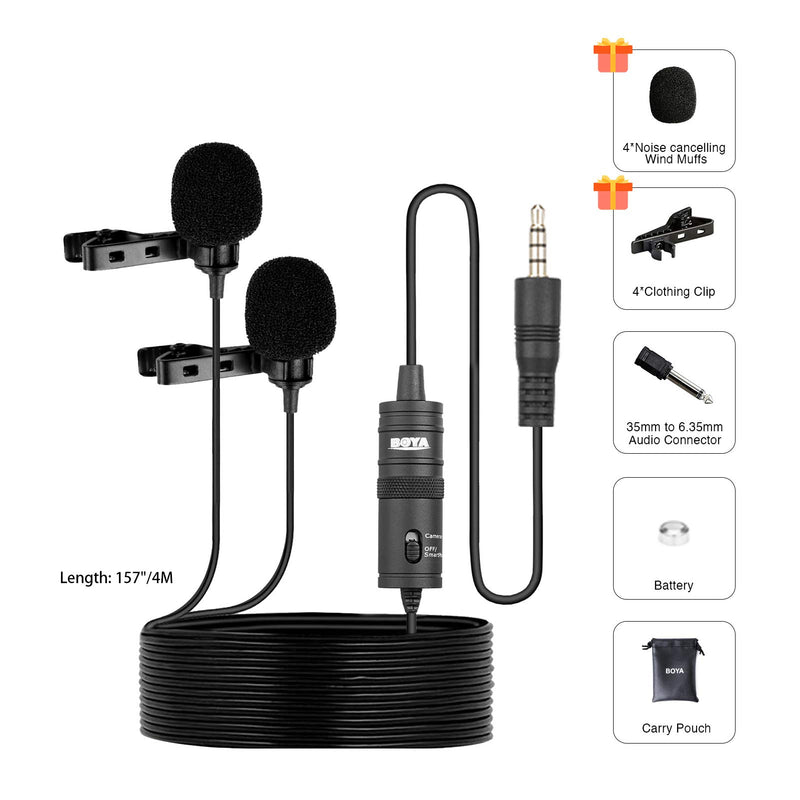 [AUSTRALIA] - BOYA BY-M1DM Dual Lavalier Microphone, Lapel Clip-on Omnidirectional Condenser Mic for iOS iPhone Android Phone DSLR Camera Guitar Recording YouTube Interview Podcast Blog Vlog 