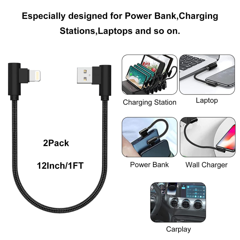 Osecet Lightning Cable 1ft 90 Degree 2 Pack MFi Certified Elbow Short iPhone Charger Right Angle Fast Charging Cable for iPhone 14 13 12 11 Pro X XS XR 8 Plus 7 6 5 (Black,1 Foot) Black