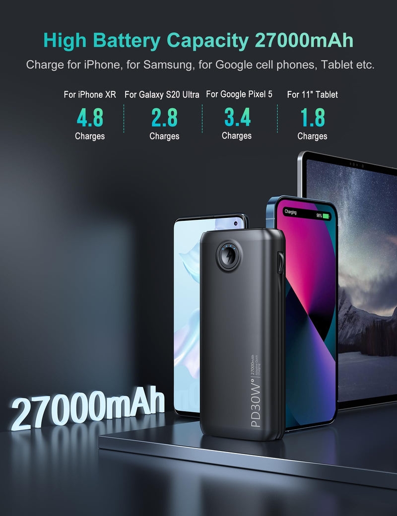 Dpdenoy Portable Charger with Built in Cable, 27000mAh Power Bank QC4.0 22.5W PD3.0 USB C Fast Charging, Phone Battery Pack with 3W Flashlight for iPhone, Samsung, Google, Tablet, and More Black 27000mAh