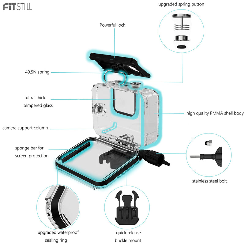 FitStill 60M Waterproof Case for GoPro Hero 8 Black, Protective Underwater Dive Housing Shell with Bracket Accessories for Go Pro Hero8 Action Camera 【Dive Case】60M Gopro Hero 8 Black Dive Case