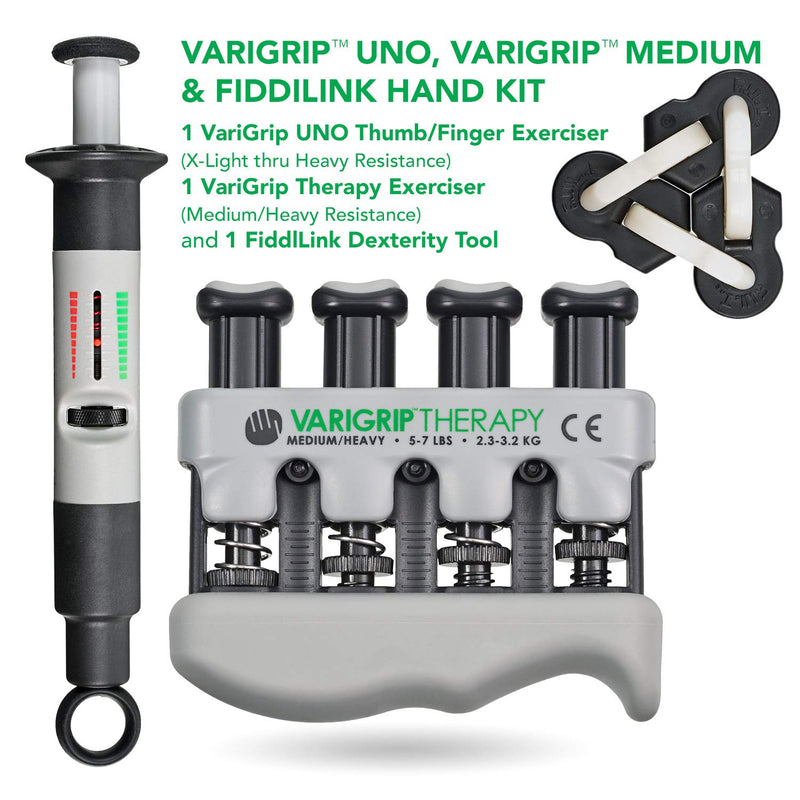 VariGrip Therapy, UNO, Adjustable Resistance, light, medium FiddlLink dexterity tool (VGU-VGM-FL) Finger Strengthener, finger exerciser, hand exerciser, grip strengthener, thumb exerciser, fidget toy Dynatomy VariGrip Therapy Thumb/Hand/Wrist Kit