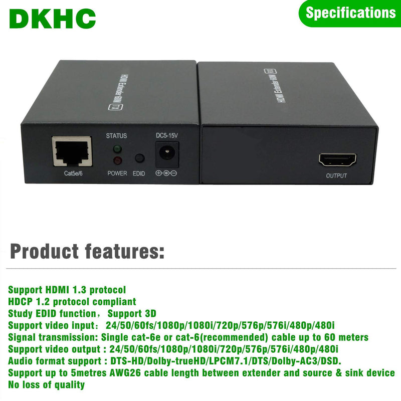 Hdmi Extender,198ft Extend Transmission,hdmi Cat5/6 Exender(1080P@60Hz/3D) Over Cat5e/Cat6/Cat7, High Compatibility and POC Function