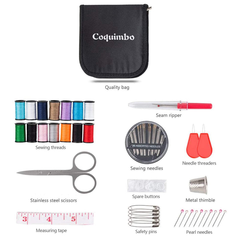 Coquimbo Sewing Kit for Traveler, Adults, Beginner, Emergency, DIY Sewing Supplies Organizer Filled with Scissors, Thimble, Thread, Sewing Needles, Tape Measure etc (Black, S) Black