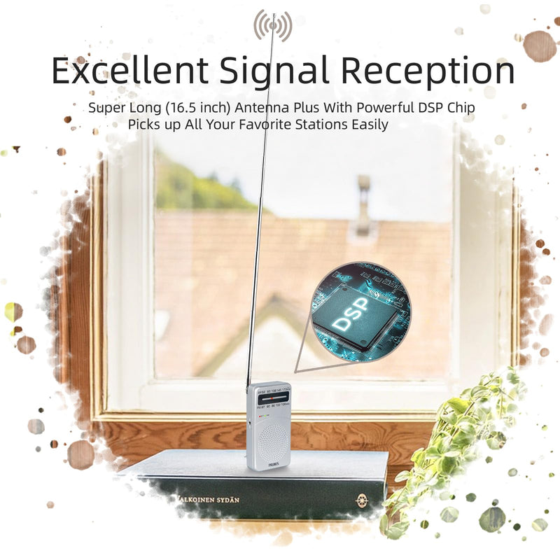 PRUNUS J-166 Portable Radio AM FM, Battery Operated Radio with Tuning Light, Back Clip, Excellent Reception for Indoor & Outdoor & Emergency Radio, AM FM Radio Portable, Transistor Radio Silver