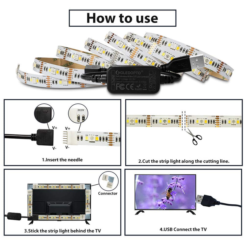 [AUSTRALIA] - GLEDOPTO Smart ZigBee TV USB Led Strip Lights Kit DC5V Mini LED Strip Controller with 2meters RGBCCT Strip Lights Compatible with Hue Bridge Amazon Echo Plus SmartThings, APP/ Voice Control unwaterproof 