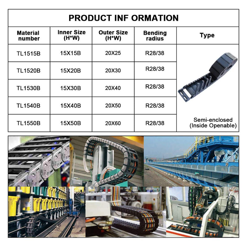 LMioEtool R28/38 15mm x 20mm(Inner H x Inner W) Black Plastic Cable Wire Carrier Drag Chain 1M Length for CNC, with End Connectors - Semi Enclosed Type (Inner Side openable) 15*20B