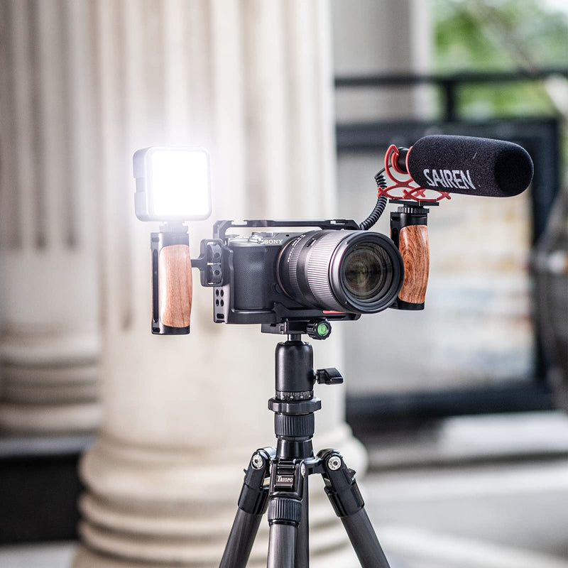 R075 Wooden Handle Grip Left Right Compatible for Sony A6400 A6600 A7III A7IV Nikon Canon Panasonic Camera Cage, for iPhone/Smartphone Video Rig Video-graphy Accessories Mobile Filming 1/4" Bracket